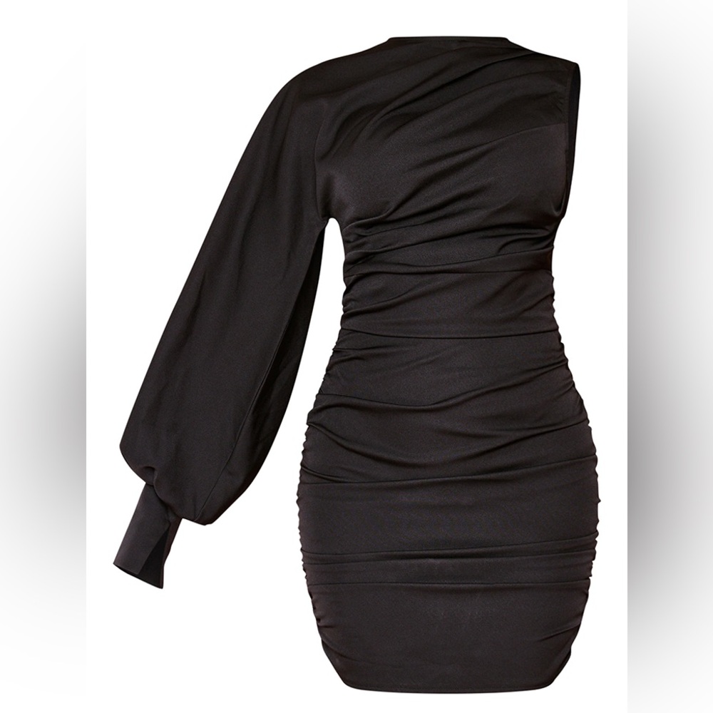 NEW WITH TAGS | PRETTYLITTLETHING Black One Sleeve Ruched Woven Bodycon Dress 0